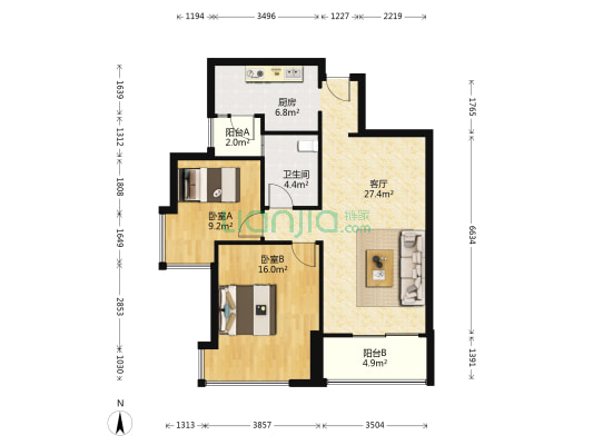 广电江湾新城北区 2室1厅1卫 87平方