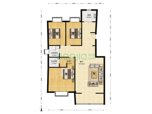 华阳公寓 3室1厅2卫 130平方