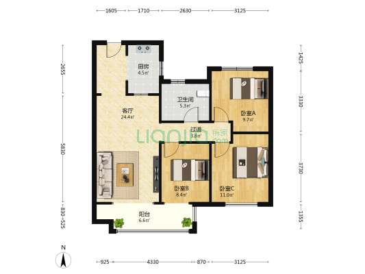 远洋光华城·琨域 3室1厅1卫 101平方