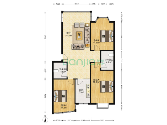 竹园新居 3室1厅2卫 115平方