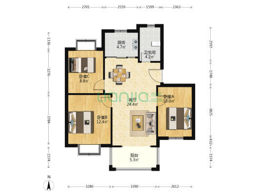 龙泰花园 3室1厅1卫 90平方
