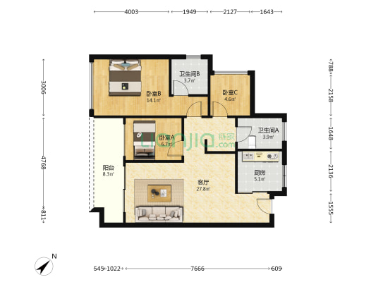 越秀白云星汇城 3室1厅2卫 86平方