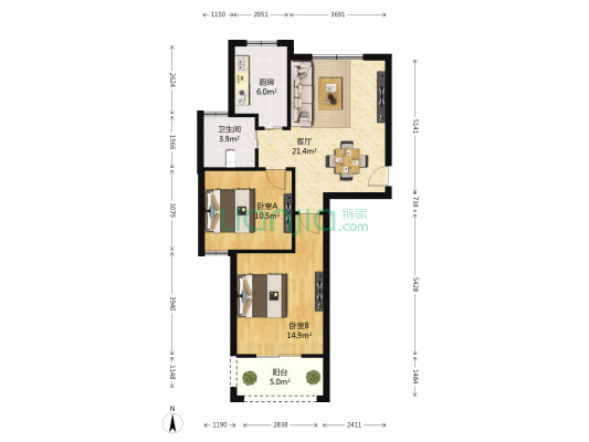 上海新城小区 2室1厅1卫 72平方