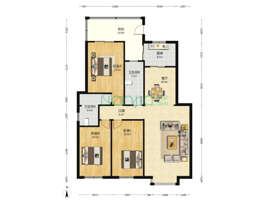 大中药业公司宿舍 3室2厅2卫 160平方