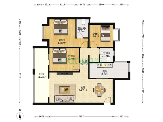 金域华庭 3室1厅2卫 108平方