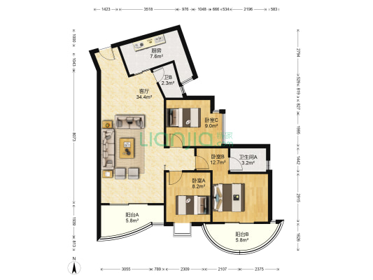 锦瑟华年 3室1厅2卫 115平方
