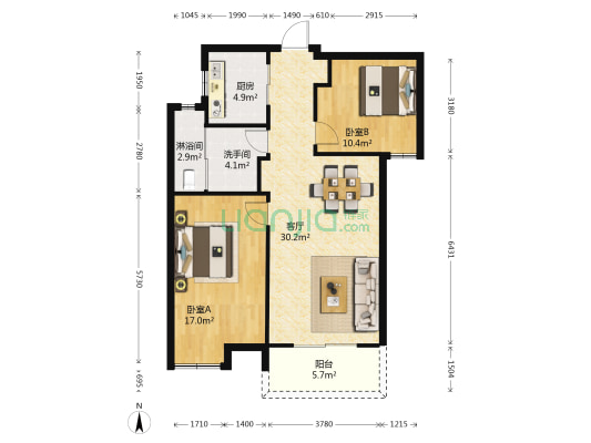 雨润中央新城 2室1厅2卫 95平方