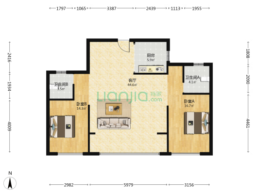 东厦滨江上品中区 2室1厅2卫 111平方