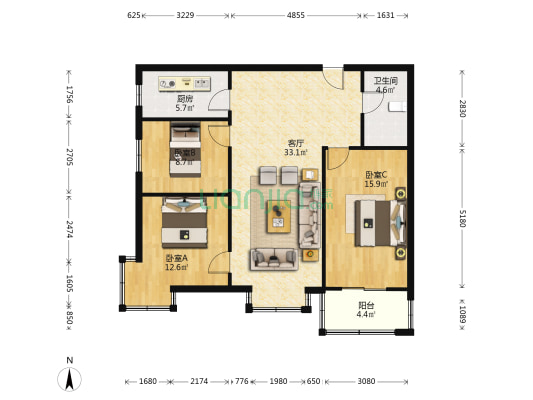 满五唯一，三居室，集中供暖，采光好，优质房源！-户型图