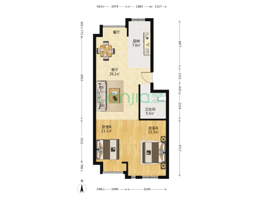 海天惠园 2室1厅1卫 76平方