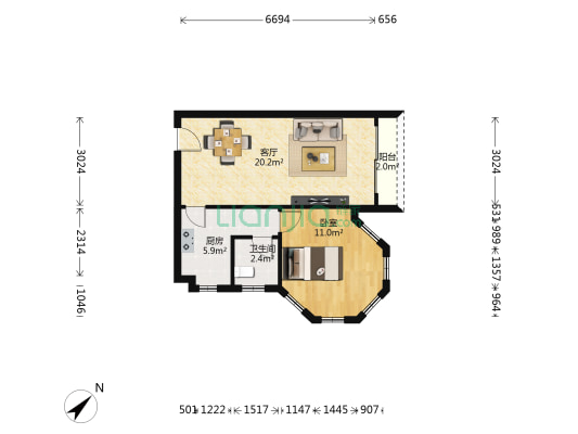 凤城郦都（住宅） 1室1厅1卫 60平方