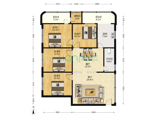 海南省供销社宿舍 4室2厅1卫 108平方