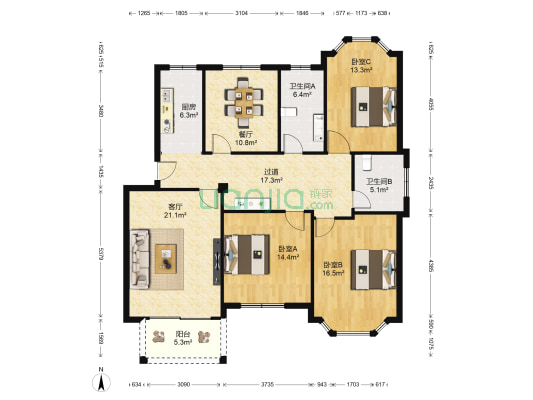 华瑞锦鸿苑 3室2厅2卫 138平方