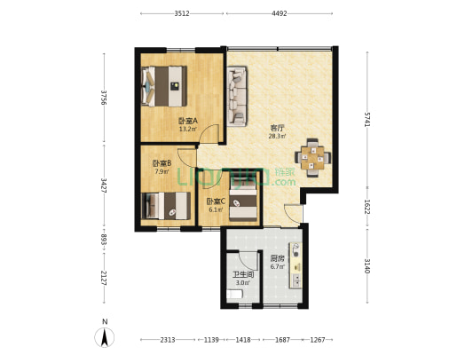 万家园 3室1厅1卫 76平方