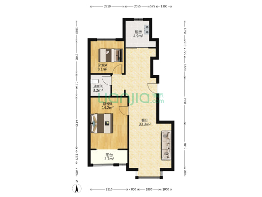 金岸世铭 2室1厅1卫 92平方
