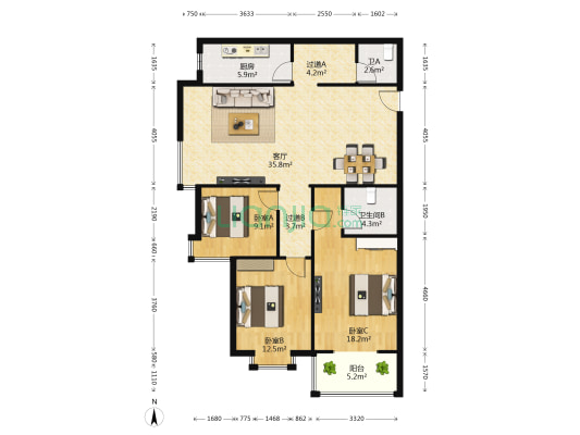 鑫润名居 3室1厅2卫 138平方