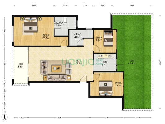 保利天空之城泊院北区 3室1厅2卫 114平方