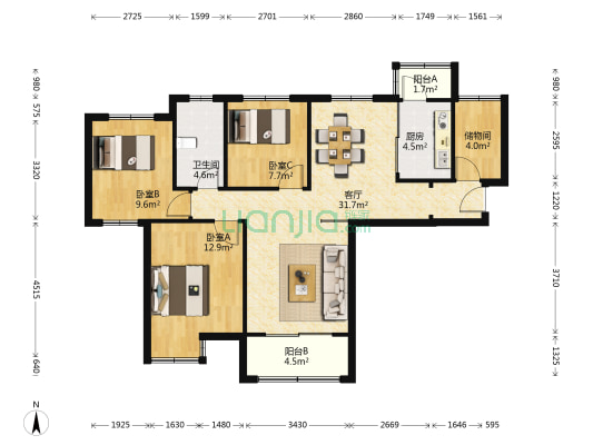世茂蝶湖湾 3室1厅1卫 128平方
