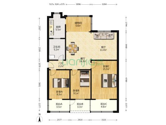 市委生活区 3室2厅1卫 94平方