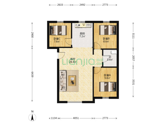 筑石红三期 3室1厅1卫 98平方