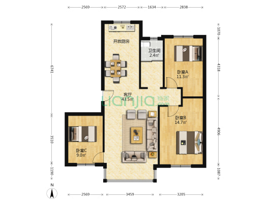水仙公馆二期 3室1厅1卫 103平方