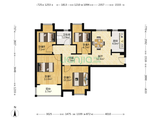 永利新城东苑 4室1厅1卫 93平方