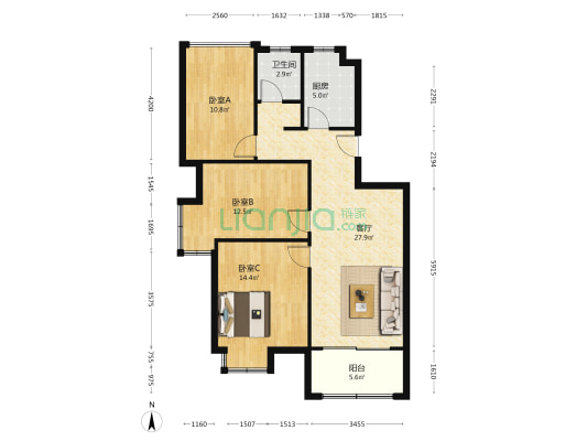 琥珀名郡香颂里 3室1厅1卫 102平方
