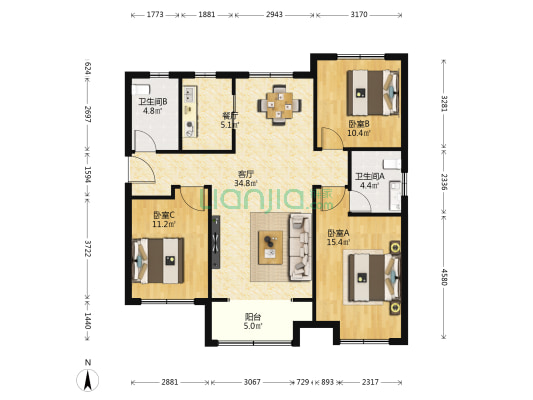 润江紫宸院 3室2厅2卫 131平方