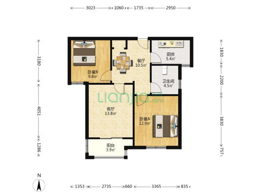 金海华城永华苑 2室2厅1卫 85平方
