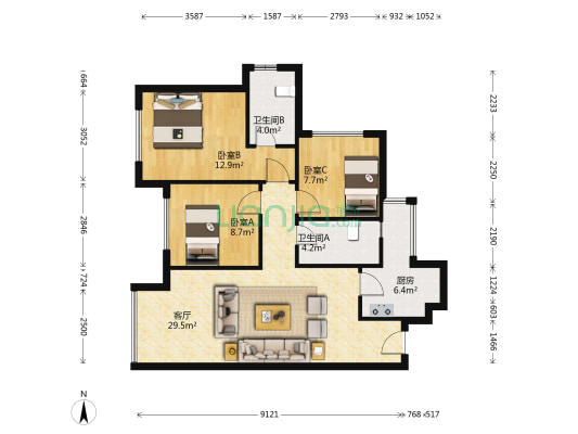 合能枫丹铂麓一期 3室1厅2卫 83平方