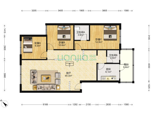 民和苑 3室1厅2卫 118平方