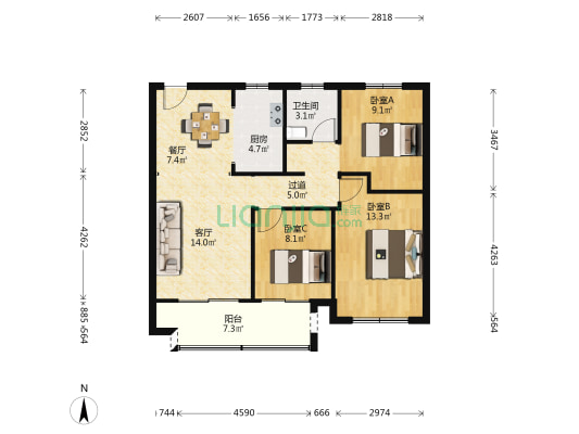 卓越华耀时代 3室2厅1卫 104平方