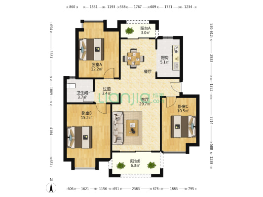 香樟院 3室1厅1卫 97平方