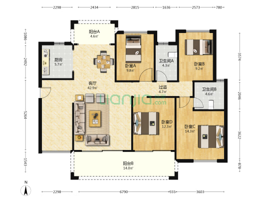 华夏花园 4室1厅2卫 137平方