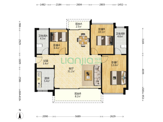 时代香树里 3室1厅2卫 108平方