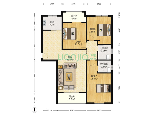 金荣花园 3室1厅2卫 133平方