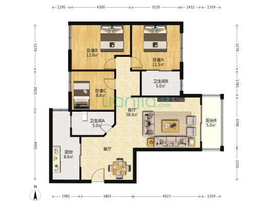 鸿基文昌苑 3室1厅2卫 107平方