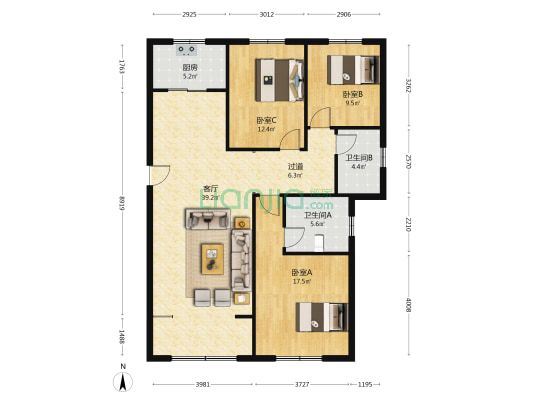 明湖澜庭一区 3室1厅2卫 143平方