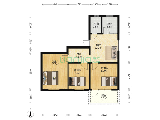 福州市邮政转运站宿舍 3室1厅1卫 88平方