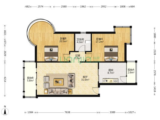 佰和数码广场 2室1厅1卫 121平方