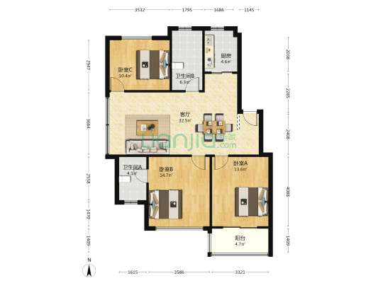 庙港社区 3室1厅2卫 108平方