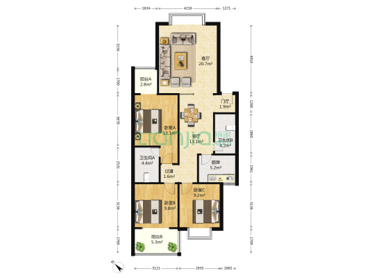 田园 3室2厅2卫 115平方
