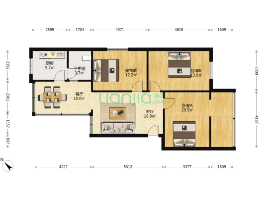 三倒拐街1号 2室2厅1卫 94平方