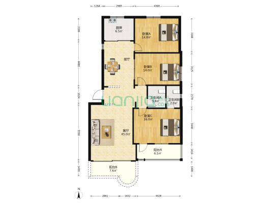 联邦广场 3室1厅2卫 131平方