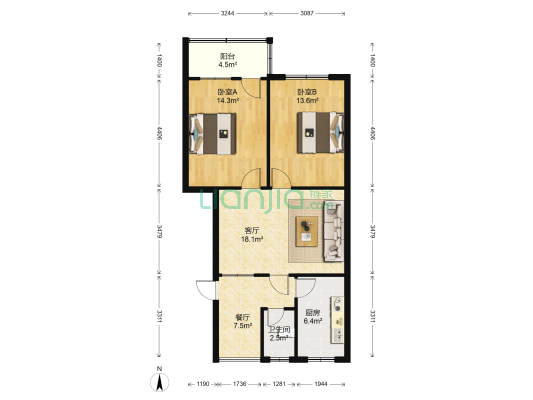 钟山北巷 2室2厅1卫 76平方