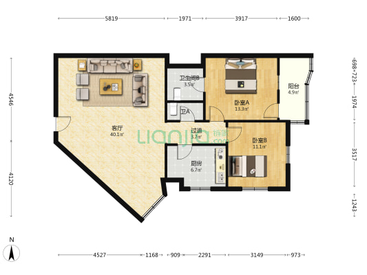 皇冠大厦 2室1厅2卫 115平方
