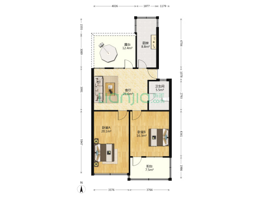 古城花园 2室1厅1卫 91平方