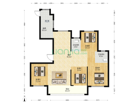 华鸿中央墅 4室1厅2卫 143平方
