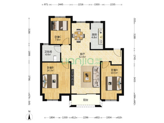 锦城天第 3室1厅1卫 98平方