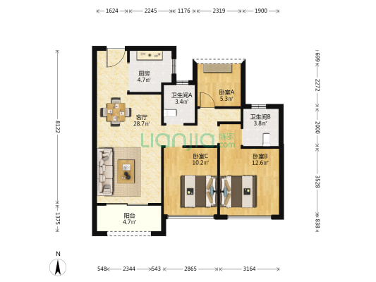 中交香颂花园 3室1厅2卫 87平方